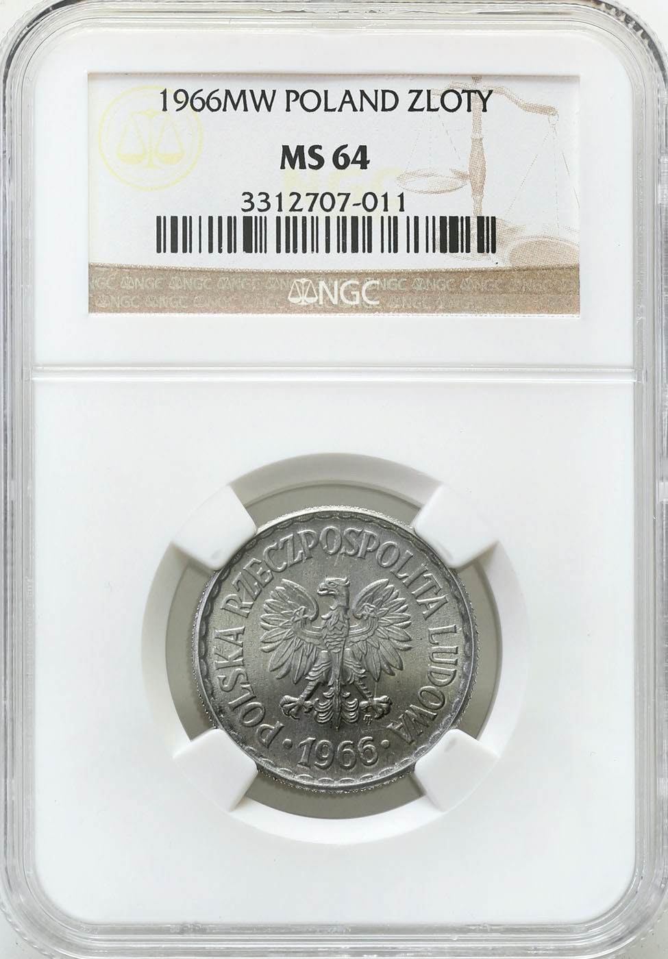 PRL. 1 złoty 1966 aluminium NGC MS64